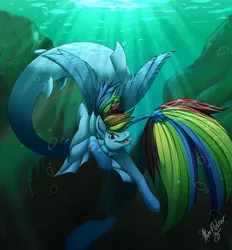 Size: 1280x1381 | Tagged: safe, artist:prince-kaito, derpibooru import, rainbow dash, merpony, pegasus, pony, seapony (g4), bubble, crepuscular rays, female, fin wings, fins, fish tail, flowing mane, flowing tail, image, jpeg, long tail, looking at you, ocean, open mouth, purple eyes, seaponified, seapony rainbow dash, signature, smiling, solo, species swap, speedpaint, sunlight, teeth, underwater, water, wings