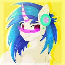 Size: 3500x3500 | Tagged: safe, artist:nyota71, derpibooru import, vinyl scratch, pony, unicorn, bust, cheek fluff, chest fluff, colored pupils, cyberpunk, cyberpunk 2077, ear fluff, female, fluffy, futuristic, glowing eyes, glowing horn, headphones, horn, image, mare, music notes, png, redesign, simple background, smiling, solo, visor