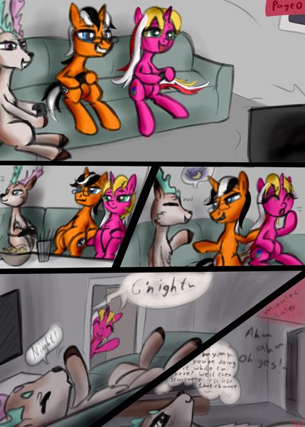 Size: 3000x4200 | Tagged: questionable, artist:littlenaughtypony, derpibooru import, oc, oc:ever harmon, oc:starsweep sweetsky, oc:timber gale, deer, pony, unicorn, comic:timbersweep a sweet sleepover, comic, deer oc, female, glasses, image, implied straight, jpeg, male, moaning, moaning in pleasure, open mouth, playing, smiling, television