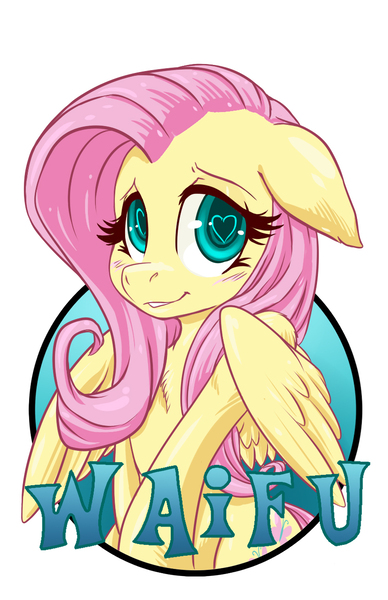 Size: 825x1275 | Tagged: safe, artist:hobbes-maxwell, derpibooru import, fluttershy, pegasus, pony, badge, blushing, female, floppy ears, heart eyes, image, jpeg, simple background, smiling, solo, waifu, waifu badge, white background, wingding eyes