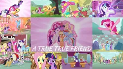 Size: 1974x1111 | Tagged: safe, derpibooru import, edit, edited screencap, editor:quoterific, screencap, alula, applejack, berry punch, berryshine, blue buck, cherry berry, cherry cola, cherry fizzy, cinnamon swirl, daisy, deep blue, diamond mint, flower wishes, fluttershy, green jewel, lemon hearts, linky, lucky clover, mochaccino, orange blossom, pinkie pie, pluto, ponet, prim posy, rainbow dash, rare find, rarity, shoeshine, spike, tropical spring, twilight sparkle, welly, dragon, earth pony, pegasus, pony, unicorn, magical mystery cure, a true true friend, applejack's hat, big crown thingy, carousel boutique, cowboy hat, element of generosity, element of honesty, element of kindness, element of laughter, element of loyalty, element of magic, eyes closed, female, fluttershy's cottage, glowing horn, hat, horn, image, jewelry, magic, magic aura, male, mane seven, mane six, nose in the air, open mouth, pinkamena diane pie, png, regalia, singing, swapped cutie marks, unicorn twilight
