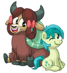 Size: 1280x1401 | Tagged: safe, artist:aleximusprime, derpibooru import, sandbar, yona, earth pony, yak, cute, female, image, looking at each other, male, one eye closed, png, sandabetes, shipping, simple background, sitting, smiling, straight, transparent background, wink, yonabar, yonadorable