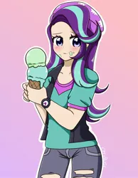 Size: 1688x2176 | Tagged: safe, artist:kittyrosie, derpibooru import, starlight glimmer, equestria girls, mirror magic, spoiler:eqg specials, beanie, cute, digital art, female, food, glimmerbetes, hat, human coloration, ice cream, ice cream cone, image, jpeg, solo, watch, wristwatch