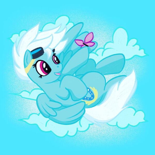 Size: 1080x1080 | Tagged: safe, artist:mediocremare, derpibooru import, fleetfoot, butterfly, insect, pegasus, pony, cloud, cute, diafleetes, female, flying, goggles, image, jpeg, mare, outdoors, smiling, solo
