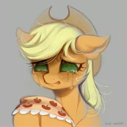 Size: 4000x4000 | Tagged: safe, artist:rrd-artist, derpibooru import, applejack, earth pony, pony, applejack's hat, clothes, cowboy hat, crying, feels, female, granny smith's shawl, gray background, hat, image, implied death, implied granny smith, jpeg, no pupils, sad, simple background, solo, tears of sadness, teary eyes