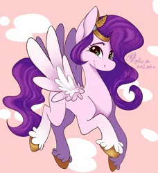 Size: 1529x1676 | Tagged: safe, artist:elcy_bellcup, derpibooru import, pipp petals, pegasus, pony, abstract background, adorapipp, cute, female, g5, hoof fluff, image, jpeg, looking at you, mare, raised hoof, signature, smiling, solo, spread wings, unshorn fetlocks, wings