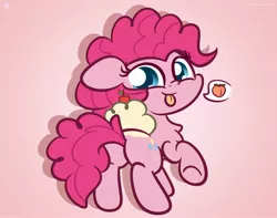 Size: 3250x2560 | Tagged: dead source, safe, alternate version, artist:kimjoman, derpibooru import, pinkie pie, earth pony, pony, :p, balloonbutt, butt, chest fluff, cute, diapinkes, female, flank, food, gradient background, ice cream, image, innuendo, jpeg, looking at you, looking back, looking back at you, mare, peach, pinkie being pinkie, plot, solo, strawberry, tongue out