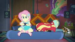 Size: 1280x720 | Tagged: safe, derpibooru import, edit, edited screencap, screencap, fluttershy, sunset shimmer, equestria girls, equestria girls series, game stream, spoiler:eqg series (season 2), animated, charmx, ear rape, image, rageset shimmer, screaming, that pony sure have anger issues, webm