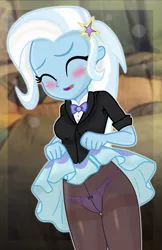 Size: 2000x3081 | Tagged: suggestive, artist:charliexe, artist:grapefruitface1, derpibooru import, trixie, equestria girls, base used, blushing, bowtie, breasts, clothes, doll, equestria girls minis, eyes closed, happy, image, irl background, legs together, lingerie, panties, pantyhose, png, shirt, skirt, skirt lift, socks, thigh highs, toy, toy interpretation, tuxedo, underwear, upskirt