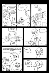 Size: 4411x6603 | Tagged: semi-grimdark, artist:leon-z, derpibooru import, rainbow dash, oc, oc:rain breeze, pegasus, pony, comic:returns endings & beginnings, blood, comic, crying, female, image, injured wing, jpeg, mare, monochrome, wings