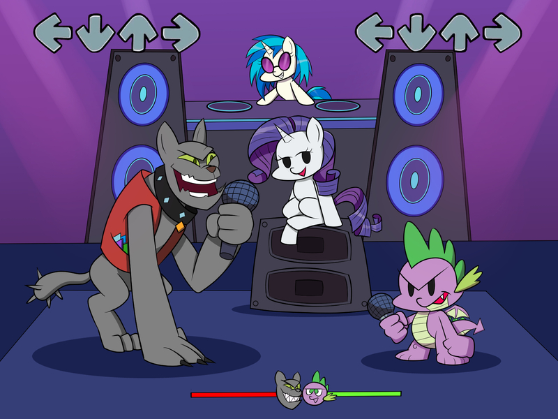 Size: 1600x1200 | Tagged: source needed, safe, artist:mew-me, derpibooru import, rarity, rover, spike, vinyl scratch, diamond dog, dragon, pony, unicorn, boyfriend (friday night funkin), crossover, female, friday night funkin', girlfriend (friday night funkin), grin, image, jpeg, male, mare, microphone, newgrounds, open mouth, shipping, sitting, smiling, sparity, straight, turntable, vinyl's glasses