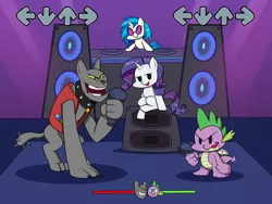 Size: 1600x1200 | Tagged: source needed, safe, artist:mew-me, derpibooru import, rarity, rover, spike, vinyl scratch, diamond dog, dragon, pony, unicorn, boyfriend (friday night funkin), crossover, female, friday night funkin', girlfriend (friday night funkin), grin, image, jpeg, male, mare, microphone, newgrounds, open mouth, shipping, sitting, smiling, sparity, straight, turntable, vinyl's glasses