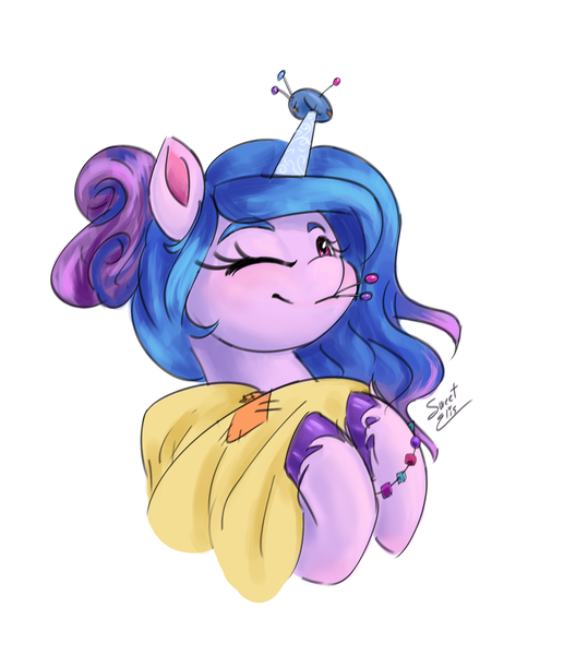 Size: 1528x1738 | Tagged: safe, artist:elisdoominika, derpibooru import, izzy moonbow, pony, unicorn, bracelet, bust, cute, fabric, g5, hair up, image, izzy impaling things, izzybetes, jewelry, looking at you, one eye closed, pincushion, pins, png, portrait, simple background, smiling, smiling at you, solo, white background, wink, winking at you