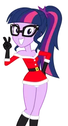 Size: 552x1024 | Tagged: suggestive, derpibooru import, edit, editor:astroboy84, sci-twi, twilight sparkle, equestria girls, equestria girls series, adorasexy, adorkable, adorkasexy, belt, boots, breasts, christmas, christmas outfit, cleavage, clothes, costume, cute, dork, glasses, gloves, grin, holiday, image, nerd, panties, panty shot, peace sign, png, ponytail, purple eyes, santa costume, sexy, sexy santa costume, shoes, simple background, skirt, smiling, solo, transparent background, underwear, white panties, white underwear