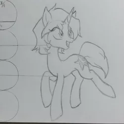 Size: 2253x2253 | Tagged: safe, artist:fernandojc-draftsman, derpibooru import, oc, oc:creativity style, unofficial characters only, pony, unicorn, female, horn, image, jpeg, lineart, looking back, mare, monochrome, open mouth, rule 63, smiling, solo, traditional art, unicorn oc