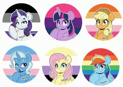 Size: 3508x2490 | Tagged: safe, artist:partylikeanartist, derpibooru import, applejack, fluttershy, rainbow dash, rarity, trixie, twilight sparkle, twilight sparkle (alicorn), alicorn, earth pony, pegasus, pony, unicorn, asexual, asexual pride flag, bisexual pride flag, female, gay pride, gay pride flag, image, jpeg, lesbian pride flag, male, nonbinary, nonbinary pride flag, pride, pride flag, pride ponies, simple background, trans trixie, transgender, transgender pride flag, white background