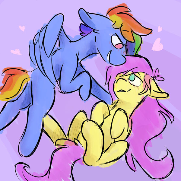 Size: 1280x1280 | Tagged: safe, artist:antimationyt, derpibooru import, fluttershy, rainbow dash, pegasus, pony, blushing, female, floppy ears, flutterdash, image, jpeg, lesbian, looking at each other, mare, missing cutie mark, shipping