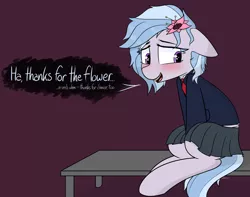 Size: 3000x2364 | Tagged: safe, artist:pinkberry, derpibooru import, oc, oc:winter azure, earth pony, pony, braces, clothes, colt, dialogue, femboy, flower, flower in hair, girly, image, jacket, male, png, school uniform, skirt, solo, speech, talking, text, trap