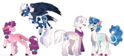 Size: 2994x1368 | Tagged: safe, artist:wanderingpegasus, derpibooru import, double diamond, night glider, party favor, sugar belle, classical unicorn, earth pony, pegasus, pony, unicorn, alternate hairstyle, blushing, chest fluff, cloven hooves, ear fluff, equal four, female, flying, freckles, grin, image, leg fluff, leonine tail, looking at each other, male, mare, markings, png, raised hoof, raised leg, redesign, simple background, smiling, stallion, unshorn fetlocks, white background