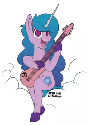 Size: 4160x5816 | Tagged: safe, artist:calena, derpibooru import, izzy moonbow, pony, unicorn, 30 minute art challenge, cloud, cute, female, g5, guitar, high res, image, izzybetes, looking at you, mare, musical instrument, open mouth, playing, png, simple background, sitting, solo, teeth, text, tongue out, unshorn fetlocks, white background