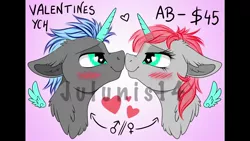 Size: 1280x720 | Tagged: safe, artist:julunis14, derpibooru import, any gender, bedroom eyes, blushing, commission, cute, heart, holiday, image, jpeg, licking, mlem, silly, tongue out, valentine's day, watermark, your character here