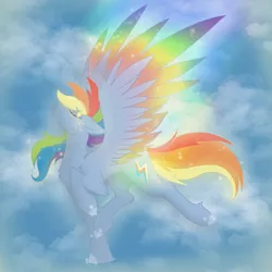 Size: 2048x2048 | Tagged: safe, artist:lunathemoongod, derpibooru import, rainbow dash, pegasus, pony, my little pony: pony life, cloud, colored wings, colored wingtips, female, glowing mane, image, jpeg, multicolored wings, rainbow wings, sky, solo, wings