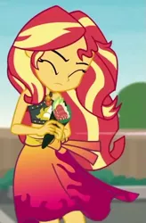 Size: 379x578 | Tagged: safe, derpibooru import, screencap, sunset shimmer, equestria girls, equestria girls series, x marks the spot, cropped, eyes closed, food, geode of empathy, image, magical geodes, png, sarong, sleeveless, solo, sushi