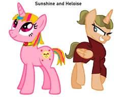 Size: 978x748 | Tagged: safe, artist:pagiepoppie12345, derpibooru import, oc, oc:sunshine, ponified, pegasus, pony, unicorn, cloak, clothes, evil, heart, heloise, image, jimmy two shoes, looking up, png, ponytail, smiling, sun