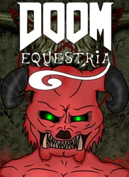 Size: 510x699 | Tagged: safe, artist:isaac_pony, derpibooru import, demon, minotaur, baron of hell, black sclera, blood, doom, doom equestria, evil, horns, image, logo, male, not pony, pentagram, photo, png, red skin, smiling, solo
