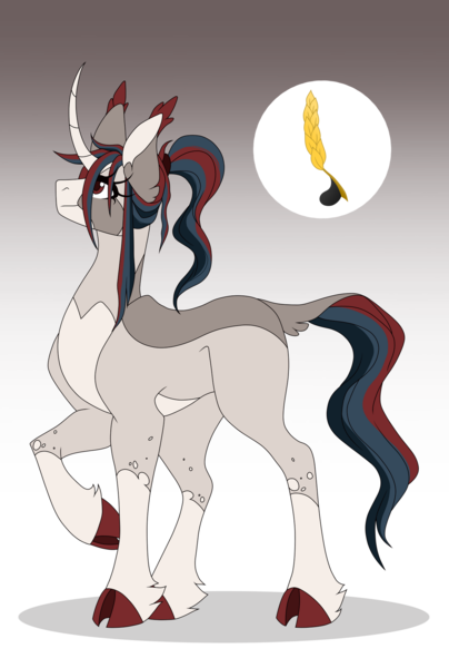 Size: 1280x1903 | Tagged: safe, artist:omenofdeer, derpibooru import, oc, oc:autumn harvest, unofficial characters only, pony, unicorn, cloven hooves, curved horn, female, gradient background, horn, image, magical gay spawn, mare, offspring, parent:big macintosh, parent:shining armor, parents:shiningmac, png, raised hoof, solo