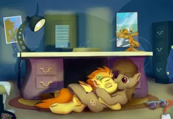 Size: 2000x1376 | Tagged: safe, artist:drafthoof, derpibooru import, spitfire, oc, oc:chocolate chips, wonderbolts academy, canon x oc, cuddling, desk, female, firechips, image, jpeg, kissing, lying down, male, office, scenery, shipping, straight