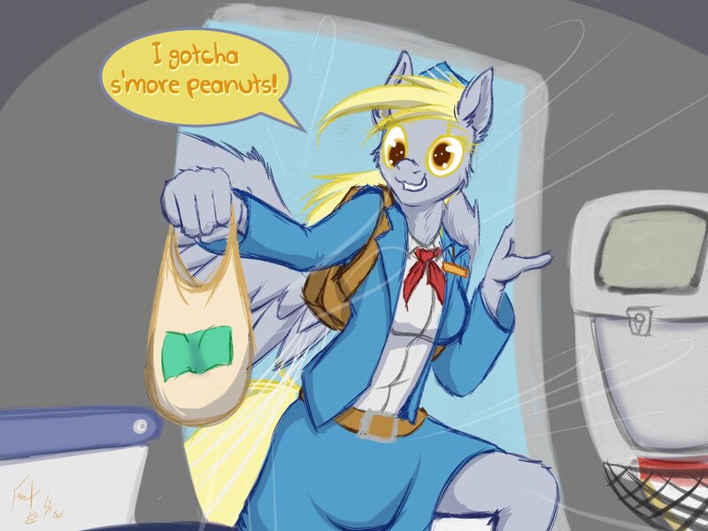 Size: 2048x1536 | Tagged: safe, artist:frist44, derpibooru import, derpy hooves, anthro, aircraft, commission, female, flight attendant, grocery bag, image, jpeg, oops my bad, parachute, solo, stewardess, this will not end well