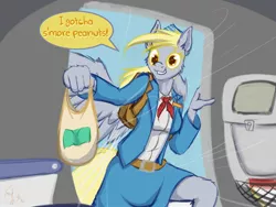 Size: 2048x1536 | Tagged: safe, artist:frist44, derpibooru import, derpy hooves, anthro, aircraft, commission, female, flight attendant, grocery bag, image, jpeg, oops my bad, parachute, solo, stewardess, this will not end well