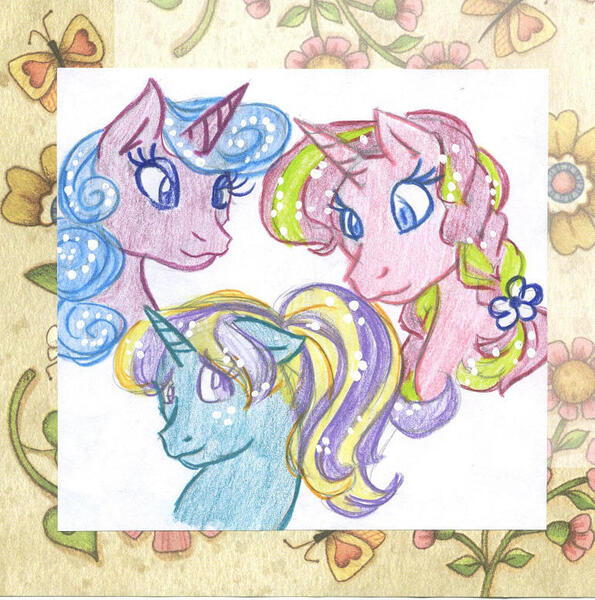 Size: 770x776 | Tagged: safe, artist:skypinpony, derpibooru import, dewdrop dazzle, lulu luck, starbeam twinkle, eyes closed, female, g1, g4, image, jpeg, traditional art, trio, trio female