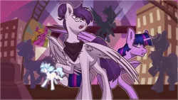 Size: 2048x1152 | Tagged: safe, artist:chibadeer, derpibooru import, twilight sparkle, twilight sparkle (alicorn), oc, oc:rayna, oc:vylet featherdance, alicorn, pegasus, pony, unicorn, female, hologram, image, jpeg, male, mare, song art, stallion, vylet pony