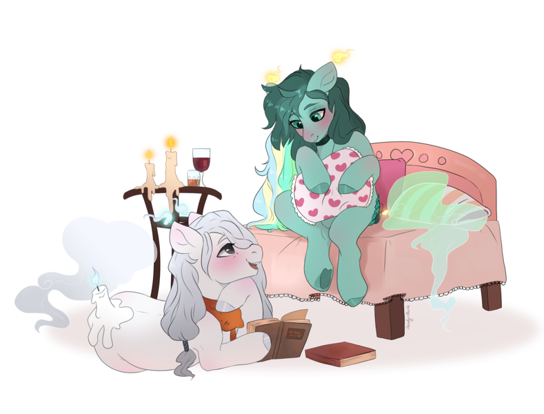 Size: 2500x1900 | Tagged: safe, artist:shady-bush, derpibooru import, oc, oc:eucalyptus, oc:misbeliever, unofficial characters only, original species, pony, scented pony, book, candle, female, image, lying down, male, mare, pillow, png, prone, simple background, stallion, transparent background