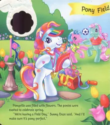 Size: 1280x1445 | Tagged: safe, artist:heckyeahponyscans, artist:lyn fletcher, derpibooru import, minty, sunny daze (g3), sweet breeze, earth pony, pony, bag, banner, bipedal, bow, bubble, bubble wand, clipboard, clothes, dribbling, female, flag, flower, g3, handwritten text, holding a pencil, image, jpeg, jump rope, kicking, looking at you, pencil, polo shirt, pony field day, soccer ball (object), stone path, t-shirts, trio, trio female, tulip, visor, whistle