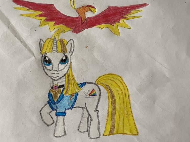 Size: 4032x3024 | Tagged: artist needed, safe, derpibooru import, oc, oc:guiding light, phoenix, pony, unicorn, amulet, image, jewelry, jpeg, necklace, quill, traditional art