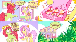 Size: 2414x1358 | Tagged: safe, artist:batshaped, derpibooru import, fluttershy, tree hugger, earth pony, pegasus, pony, bag, comic, cupcake, dialogue, drugs, duo, female, food, image, mare, marijuana, marijuana leaf, png, saddle bag, sweat, sweatdrop, that explains everything