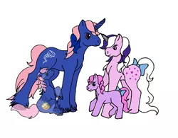 Size: 500x389 | Tagged: artist needed, safe, derpibooru import, baby drummer, ember (g1), tornado (g1), twilight sparkle, unicorn, bow, family, female, g1, image, male, png, tail bow