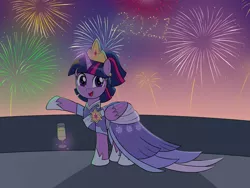 Size: 1600x1200 | Tagged: safe, artist:mew-me, derpibooru import, twilight sparkle, twilight sparkle (alicorn), alicorn, pony, the last problem, 2021, champagne glass, clothes, coronation dress, crown, dress, ear piercing, earring, fireworks, glowing horn, happy new year, holiday, hoof shoes, horn, image, jewelry, jpeg, magic, open mouth, piercing, regalia, second coronation dress, solo, telekinesis