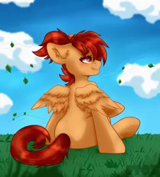 Size: 2000x2200 | Tagged: safe, artist:etoz, derpibooru import, oc, oc:miss mash, unofficial characters only, pegasus, pony, blushing, cloud, commission, female, gross, happy, image, leaves, mare, pegasus oc, png, ponytail, relaxing, sitting, sky, smiling, solo, wind, wings