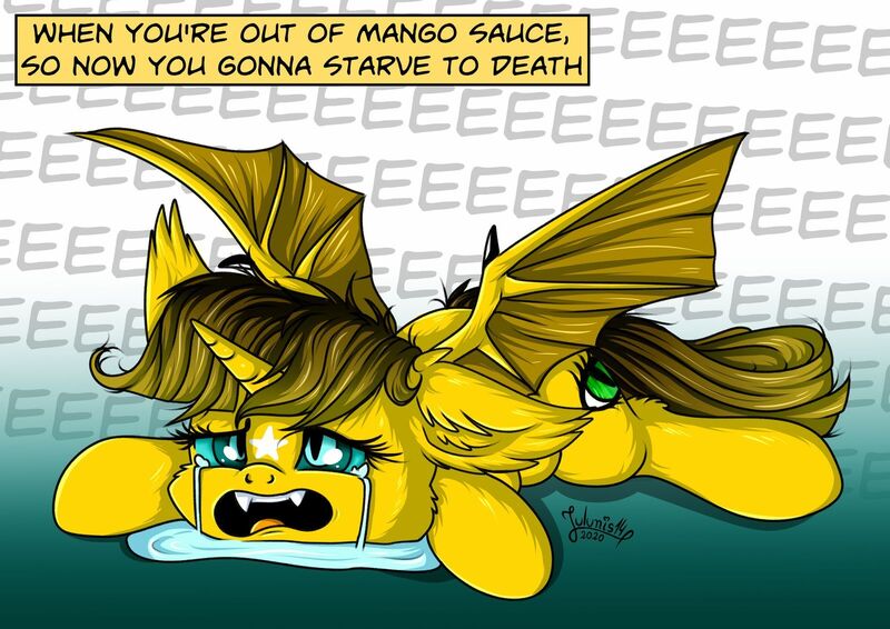 Size: 1600x1132 | Tagged: safe, artist:julunis14, derpibooru import, oc, oc:ayza, unofficial characters only, alicorn, bat pony, bat pony alicorn, pony, unicorn, bat eyes, bat pony oc, bat wings, comic, crying, cutie mark, ear fluff, fangs, food, horn, image, jpeg, mango, mango sauce, solo, tears of sadness, teary eyes, wings