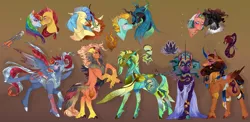 Size: 2300x1120 | Tagged: safe, artist:bunnari, derpibooru import, autumn blaze, flash magnus, king sombra, lightning dust, princess skystar, queen chrysalis, rainbow dash, somnambula, oc, oc:fire coral, oc:mal augurio, oc:silver sparrow, oc:soñadora oscura, oc:wasp zap, pony, my little pony: the movie, image, magical lesbian spawn, offspring, parent:autumn blaze, parent:flash magnus, parent:king sombra, parent:lightning dust, parent:princess skystar, parent:queen chrysalis, parent:rainbow dash, parent:somnambula, parents:dashmagnus, png