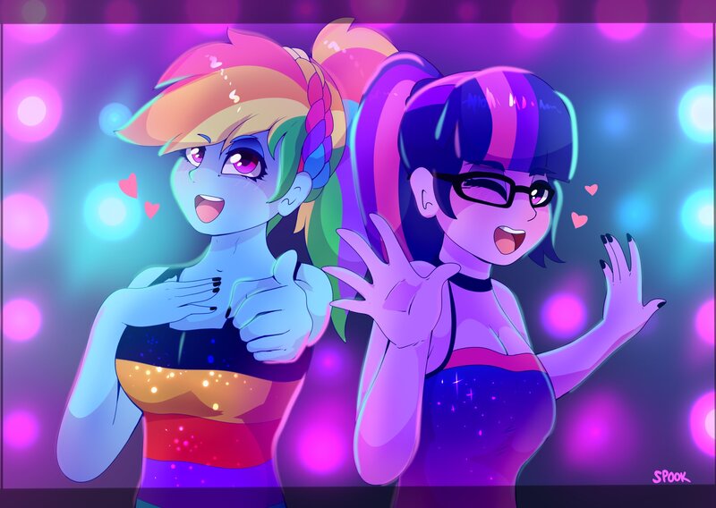 Size: 2048x1455 | Tagged: safe, artist:aaa-its-spook, derpibooru import, rainbow dash, sci-twi, twilight sparkle, equestria girls, equestria girls series, i'm on a yacht, spoiler:eqg series (season 2), alternate hairstyle, breasts, cleavage, clothes, dress, female, glasses, image, jpeg, lesbian, polydactyly, scitwidash, shipping, twidash