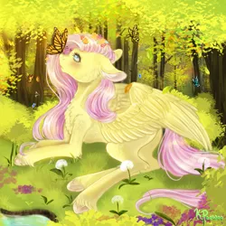 Size: 1000x1000 | Tagged: safe, artist:kiwi-peewee, derpibooru import, fluttershy, butterfly, insect, pegasus, pony, blushing, butterfly on nose, cheek fluff, chest fluff, colored hooves, dandelion, ear fluff, female, floppy ears, flower, flower in hair, forest, grass, image, insect on nose, looking at something, looking up, lying down, mare, outdoors, peaceful, png, profile, prone, solo, spread wings, tree, unshorn fetlocks, wings