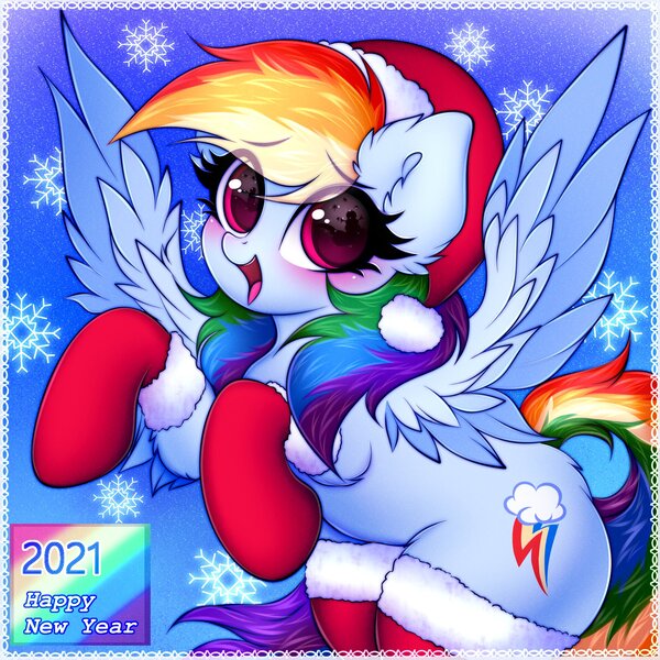 Size: 2000x2000 | Tagged: safe, artist:mite-lime, derpibooru import, rainbow dash, pegasus, pony, blushing, christmas, clothes, cute, cutie mark, dashabetes, ear fluff, eye clipping through hair, eyelashes, female, happy, hat, holiday, image, jpeg, looking at you, mare, new year, open mouth, santa hat, smiling, snow, snowflake, socks, solo, standing, stockings, thigh highs, wings