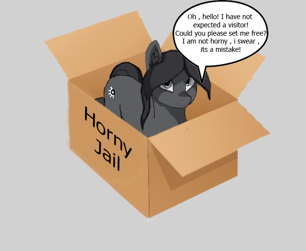 Size: 626x513 | Tagged: suggestive, artist:puginpocket, derpibooru import, oc, oc:sinnie, unofficial characters only, earth pony, pony, equestria at war mod, black mane, box, cardboard box, dialogue, ear fluff, gray background, horny jail, image, jail, jpeg, looking at you, male, pony in a box, simple background, smiling, solo, solo male, speech bubble, stallion