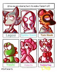 Size: 1080x1350 | Tagged: safe, artist:lilothecookie, derpibooru import, pinkie pie, anthro, earth pony, human, pony, raccoon, wolf, yoshi, six fanarts, animal crossing, animatronic, anthro with ponies, beastars, bowtie, bust, clothes, crossover, female, five nights at freddy's, funtime foxy, image, jpeg, legosi (beastars), looking up, male, mare, marvel, mask, one eye closed, open mouth, spider-gwen, spider-man: into the spider-verse, super mario bros., tom nook, wink