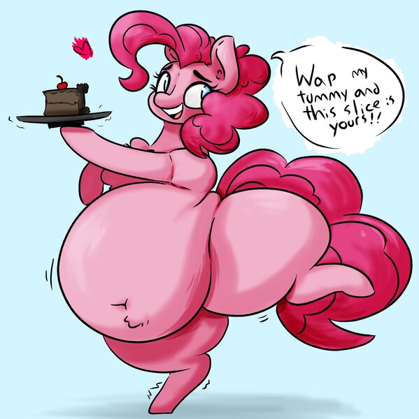 Size: 2576x2580 | Tagged: safe, artist:somefrigginnerd, derpibooru import, pinkie pie, earth pony, pony, belly, belly button, belly fluff, big belly, blue background, cake, cherry, chest fluff, chubbie pie, dialogue, fat, female, food, heart, high res, huge belly, image, jpeg, morbidly obese, obese, plate, pudgy pie, simple background, smiling, solo, speech bubble, standing, standing on one leg, talking to viewer, thighs, thunder thighs